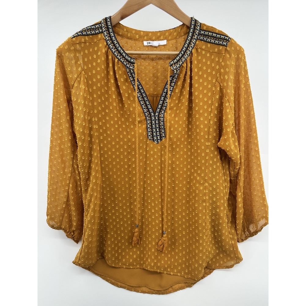 DR2 Women's Size M 3/4 Sleeve Top Bohemian Dark Mustard Embroidered Boho Chic